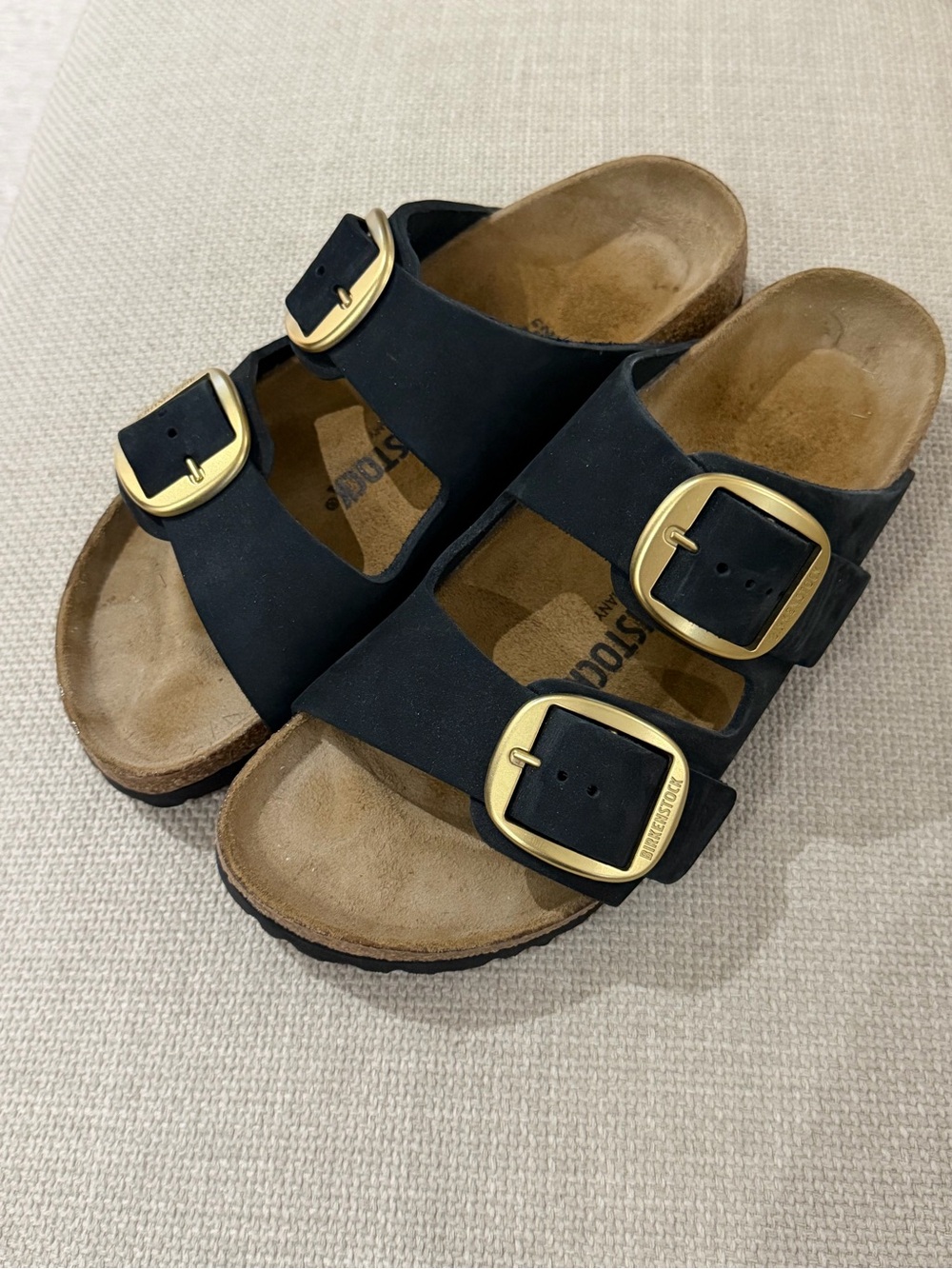Birkenstock Black Double-Buckle Slide Sandals with Gold Buckles size 39